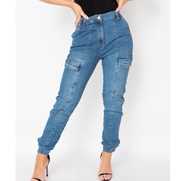 Blue High Waist Denim Jeans Cargo Utility Joggers Jogger Pants - Picture 8 of 11